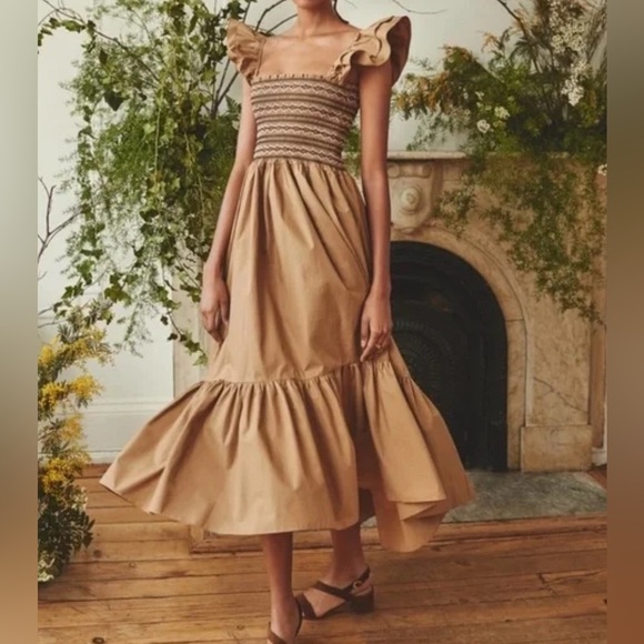 Cara Cara Dresses & Skirts - Cara Cara Beige Ruffle Midi Dress Ruby Khaki Mix Flutter Sleeve Dress med